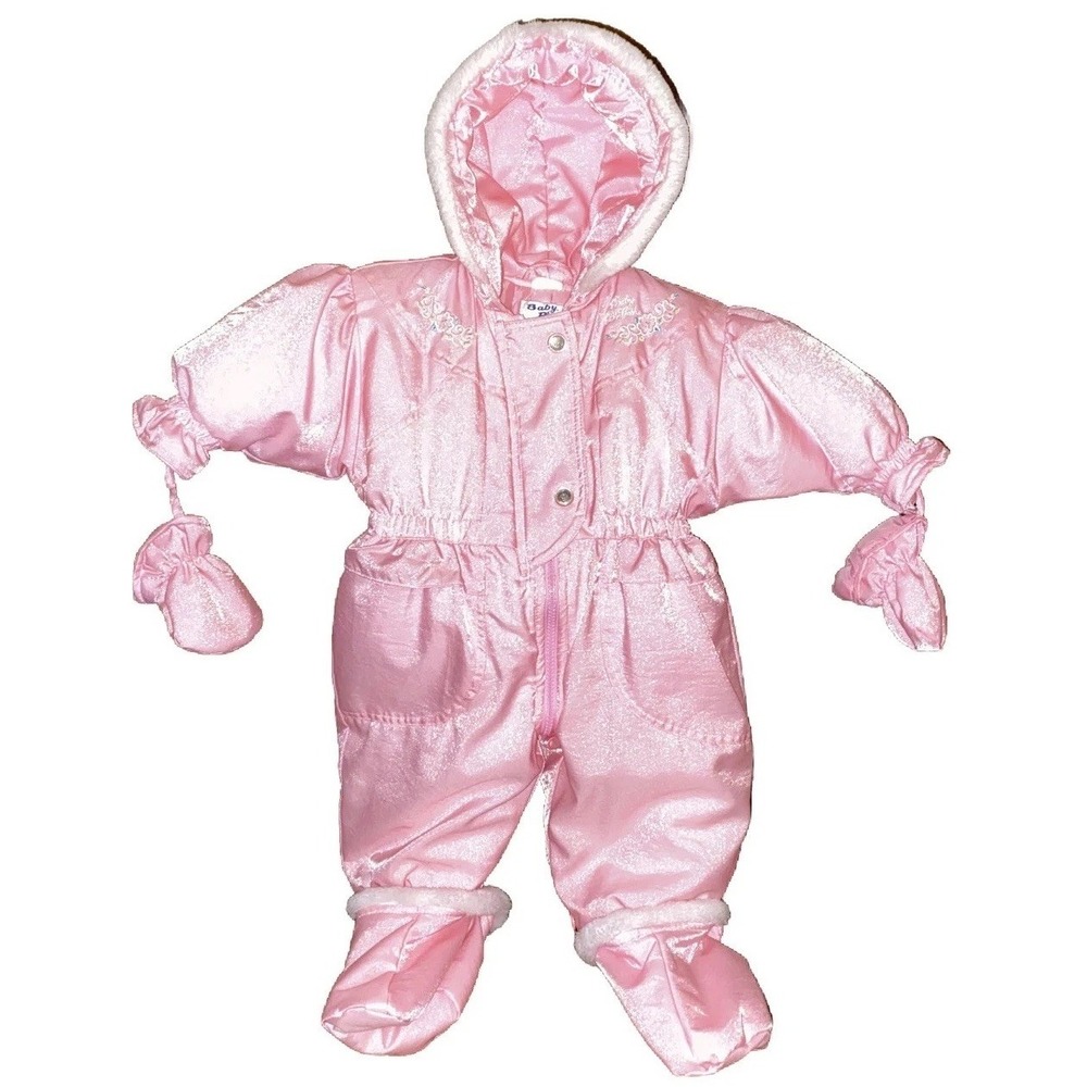 Vtg Baby Bgosh Oshkosh Snowsuit Hooded Mittens Booties Pink Warm Girls 12 Mth